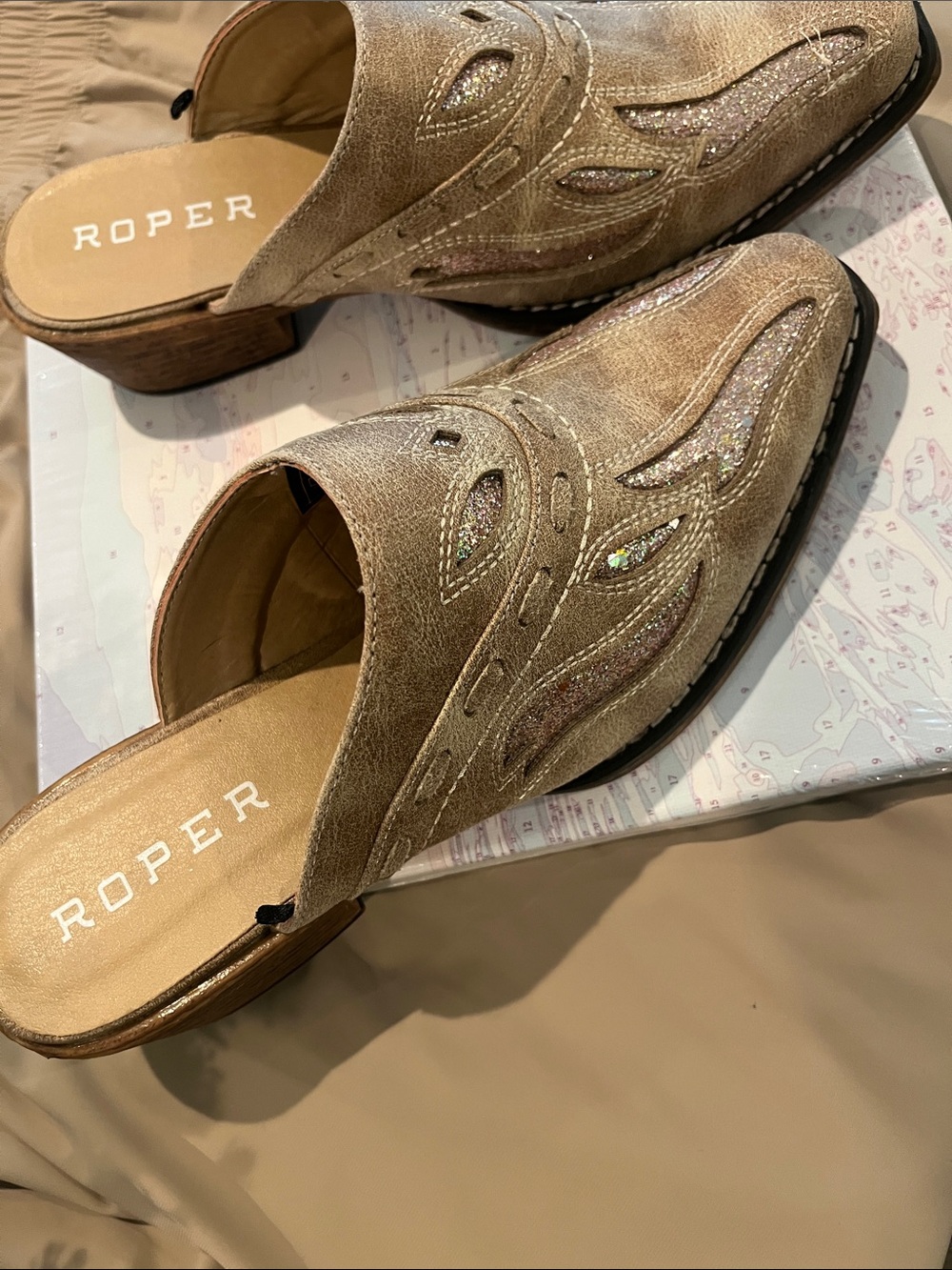 Roper Metallic Taupe Slide Mules with Iridescent Insets